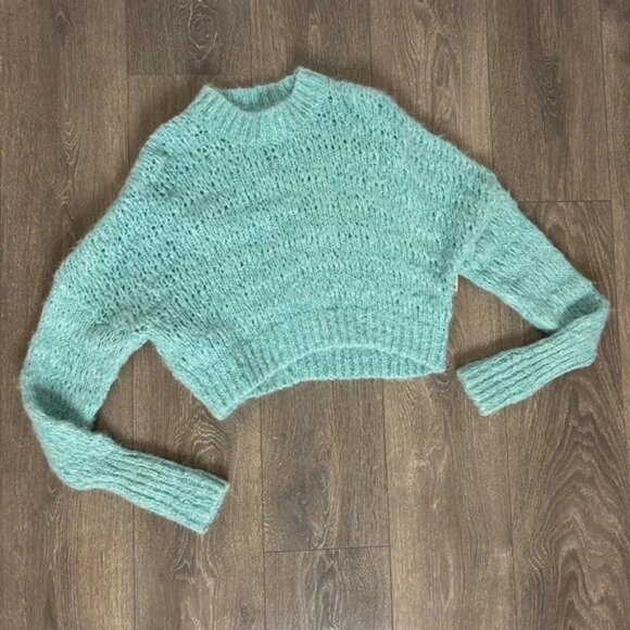 Aritzia Wilfred Lune Sweater Knit Cropped Crewneck Wool Oceanic Teal blue XS - Picture 5 of 14